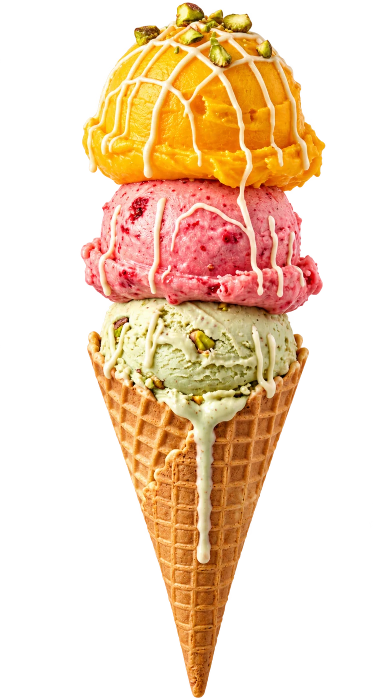 A waffle cone with pistachio, strawberry and mango scoops